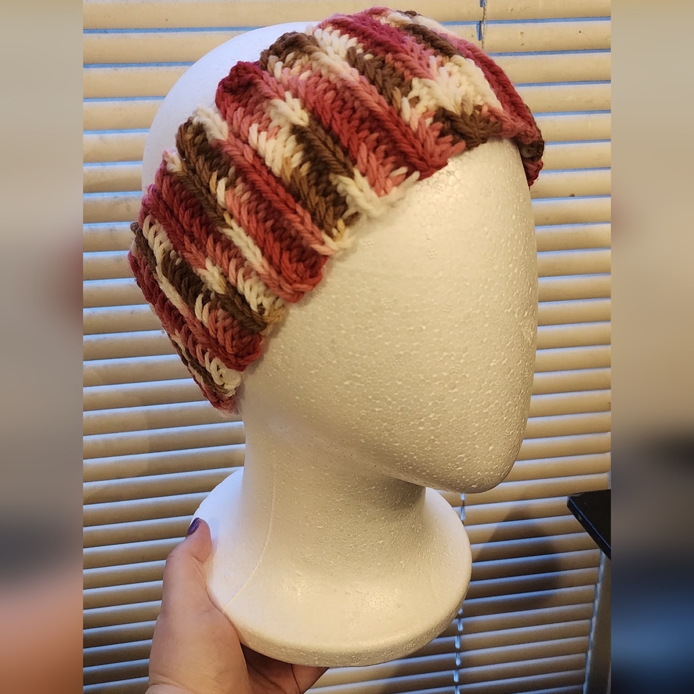 Striped Crochet Headband in Red, Brown, and Cream
